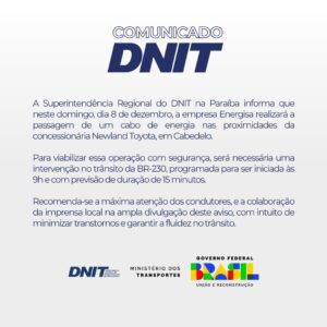  DNIT interdita trecho da BR-230 neste domingo em Cabedelo; leia o comunicado