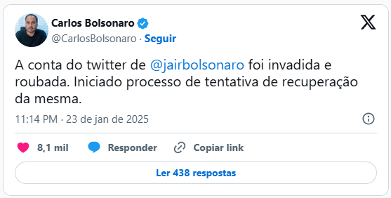 Invasão e roubo do perfil de Bolsonaro no X: filho do ex-presidente se pronuncia