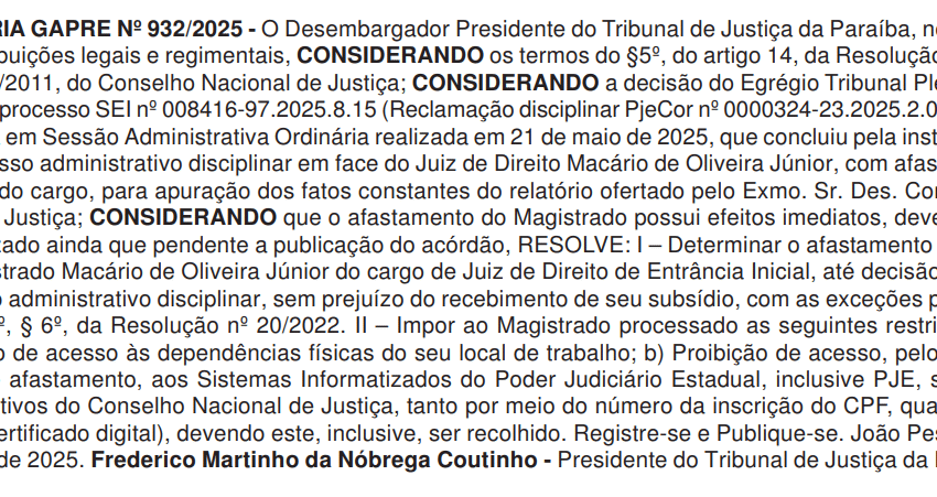 TJPB afasta juiz e instaura processo administrativo disciplinar para apurar sua conduta