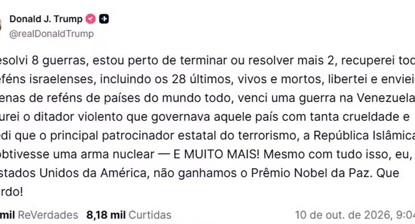 Trump critica Nobel da Paz de 2026 e afirma que deveria ter recebido o prêmio