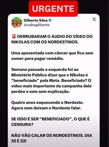  Cabo Gilberto denuncia suposta censura após vídeo de Nikolas Ferreira perder áudio nas redes